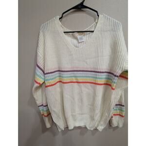 Pretty preppy VINTAGE v-neck white and rainbow striped knit sweater size Small